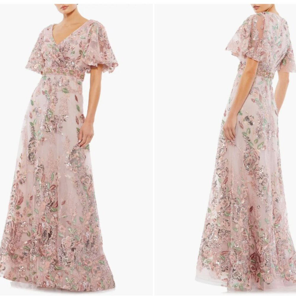 MAC DUGGAL 67880 FLORAL EMBELLISHED SHORT FLUTTER SLEEVE ROSE PINK GOWN sz 6